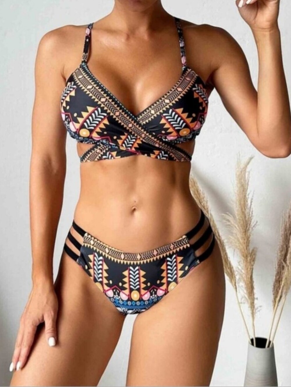 Cross-Wrap Tribal Print Bikini Set in Black & Multicolor. Size Small